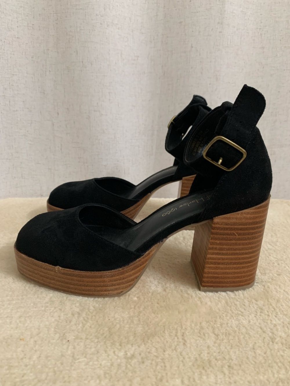 House of Harlow 1960 Black Faux Suede Platform AnkleStrap Block Chunky Wood Heel - Picture 6 of 11